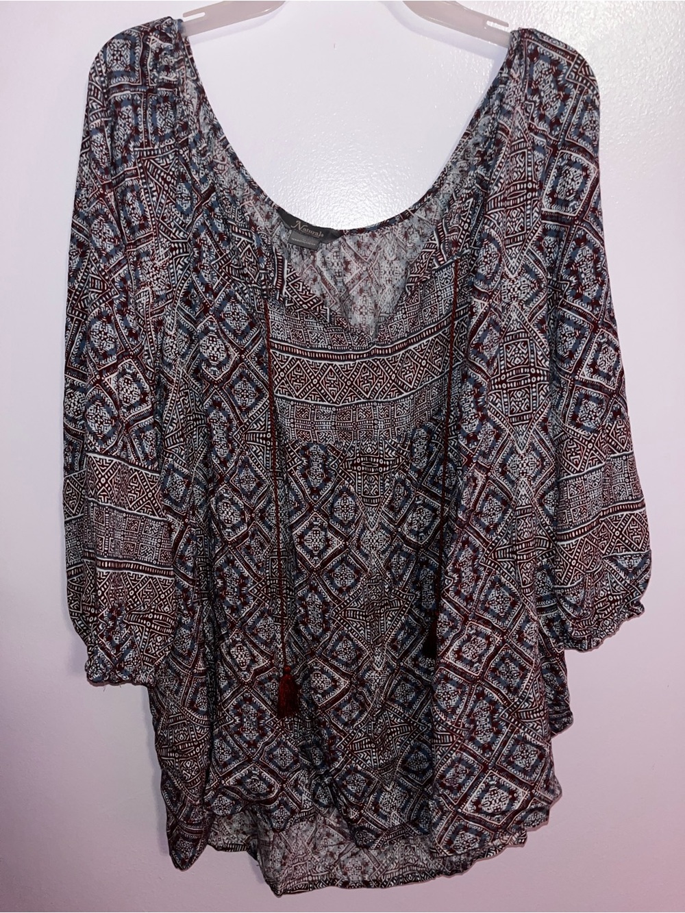 Boho Geometric Print Women's Peasant Top - Multicolor